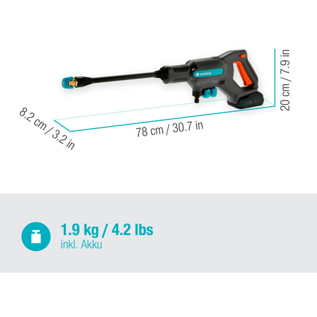 Gardena Aquaclean 24 18 V P4A Premium Set Hochdruckreiniger (Grau Türkis, 14800-31, Batterie im Lieferumfang enthalten)