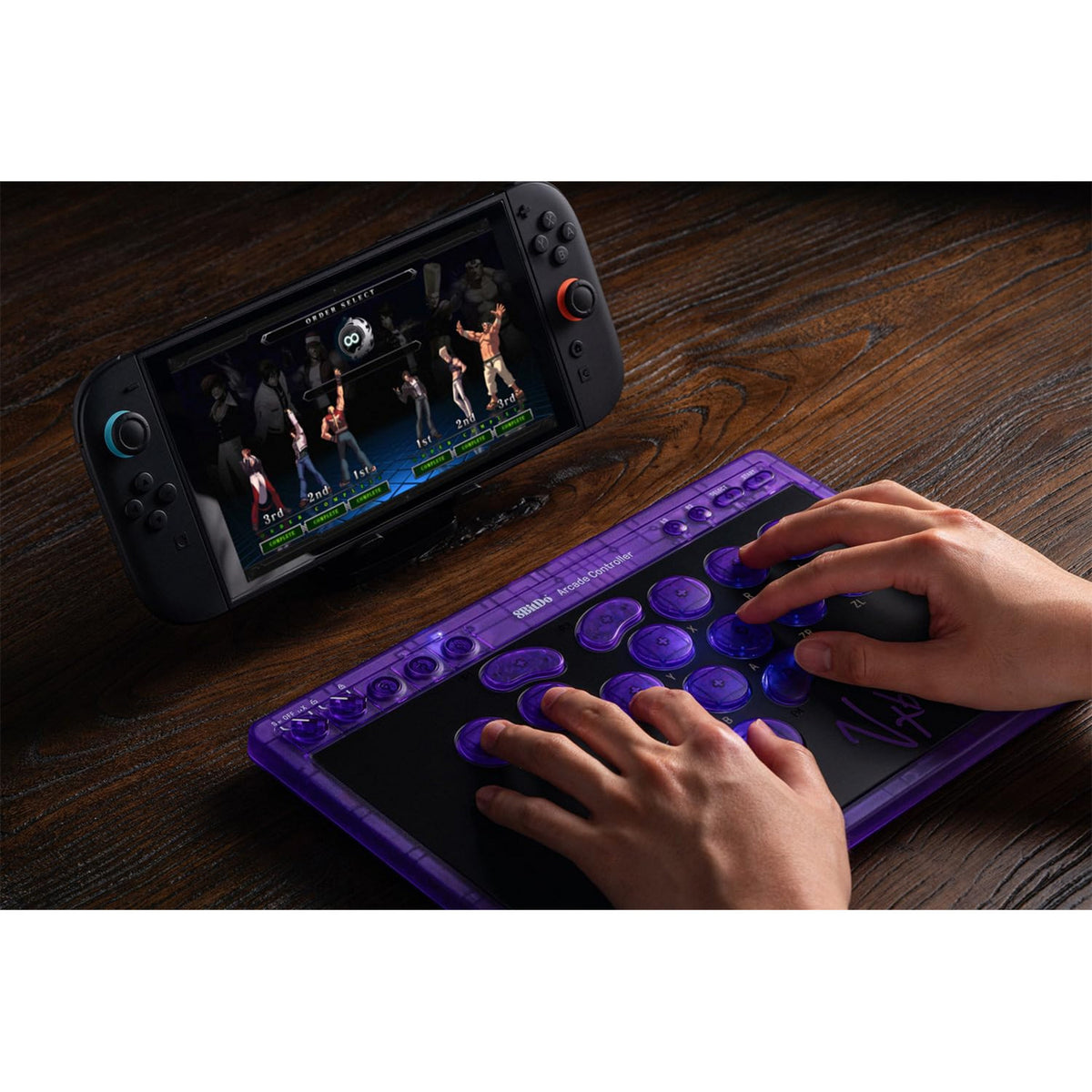 8bitdo Arcade-Controller – Transparent Purple Signature Edition (Lila Transparent, 2,4 GHz Bluetooth USB, Nintendo Switch 1 + 2, PC)