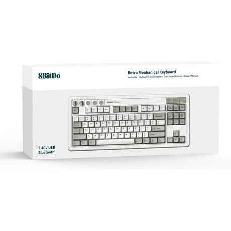8bitdo Retro mechanische Tastatur M Edition (grau, US-Layout (QWERTY), Kailh Box weiß, 80 % (TKL), Bluetooth Low Energy, Wireless 2,4 G, USB)