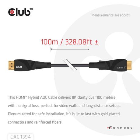 Club 3D HDMI-Hybrid-AOC-Kabel 8K60Hz 4K120Hz, 100 m Kabel (schwarz)