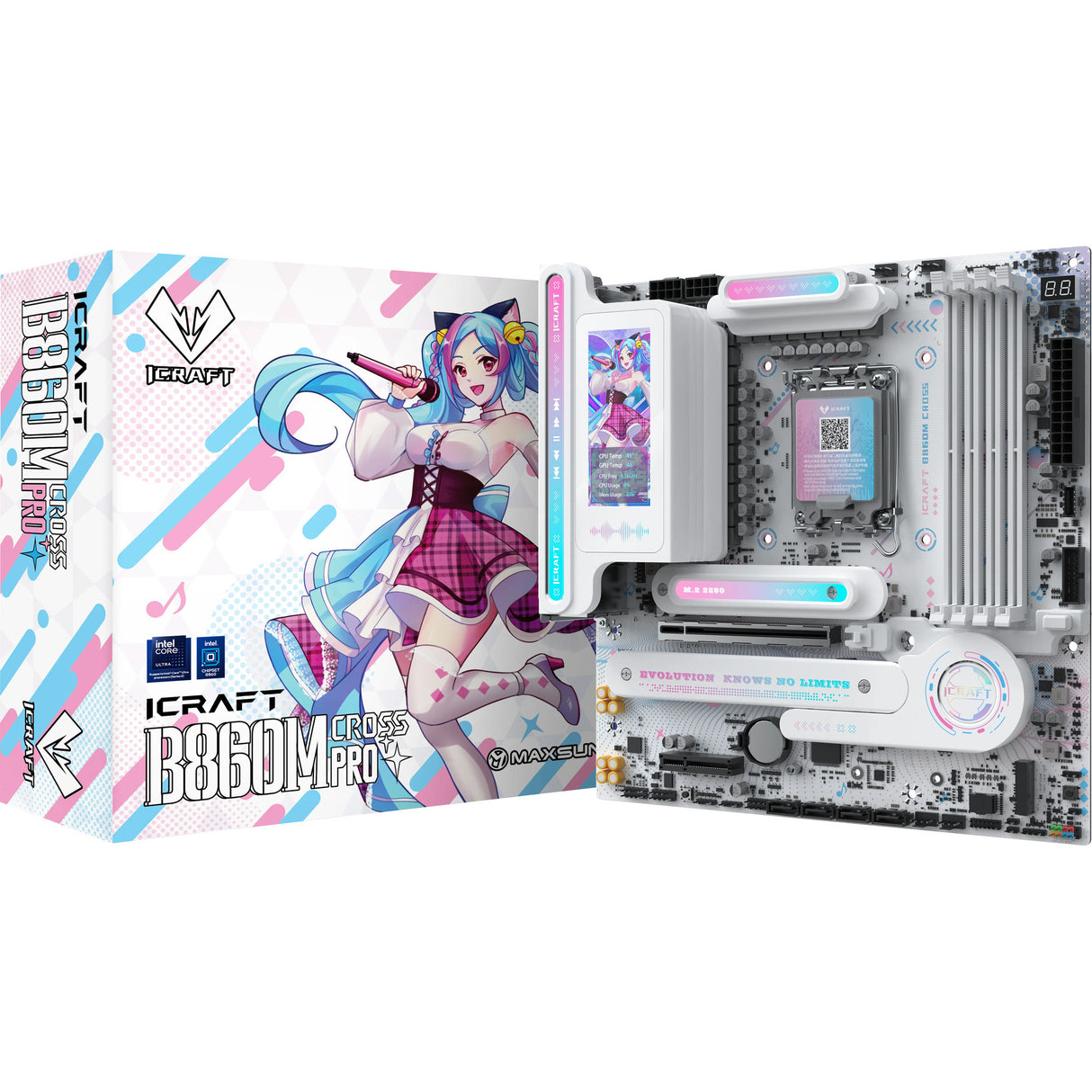 Maxsun ms-icraft b860m cross pro socket 1851 moederbord (wit, raid, 5 gb-lan, wlan, bt, sound, µatx)