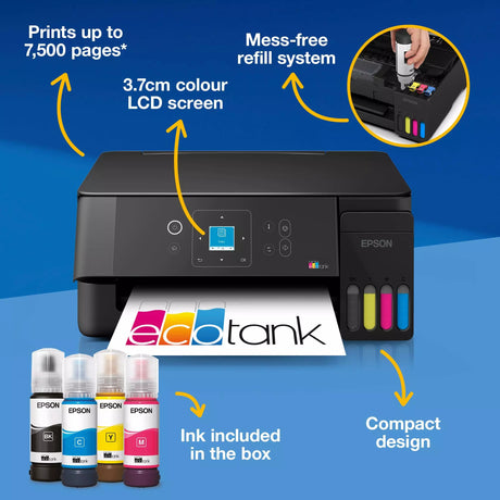 Epson Ecotank et-2922 All-in-One-Tintenstrahldrucker (Schwarz, Scannen, Kopieren, WLAN, inklusive bis zu 3 Jahre Tinte, c11cl63416)