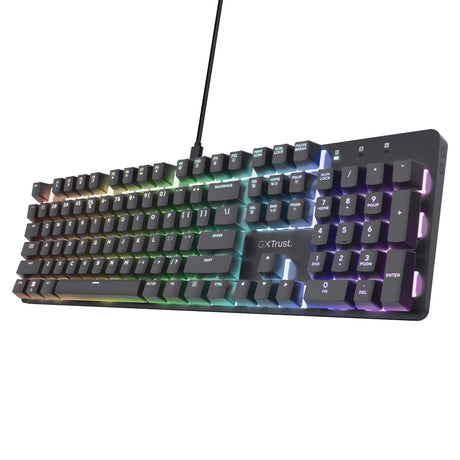 Mechanische Gaming-Tastatur Trust GXT 871 Zora (Schwarz, US-Layout (QWERTY), Huano Red, 100 %, RGB)