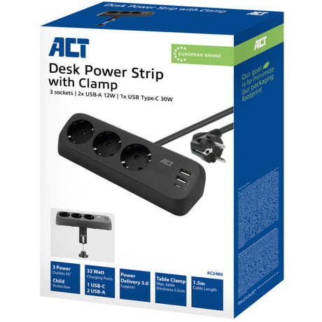 Act connectivity act stekkerdoos met 3 type-f stopcontacten, 30w power delivery, usb type-c a poorten, kabellengte 1,5 meter ac2480