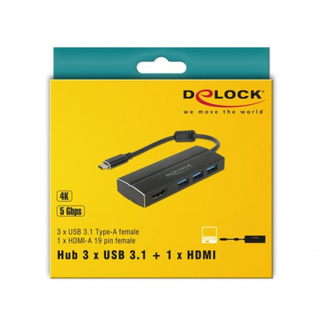Delock USB-C 3.1 > 3x USB-A 3.0 Hub + HDMI USB-Hub (schwarz, 0,15 Meter, 4k)