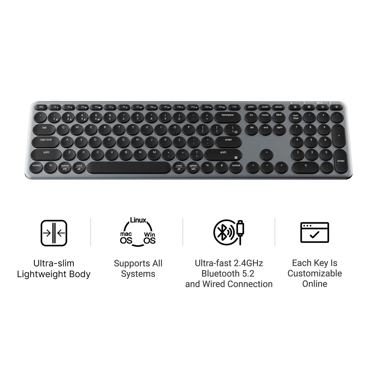 Keychron b5 pro-k1 toetsenbord (grijs, us lay-out (qwerty), scissor switches, 100%, abs keycaps, 2.4 ghz bluetooth usb)