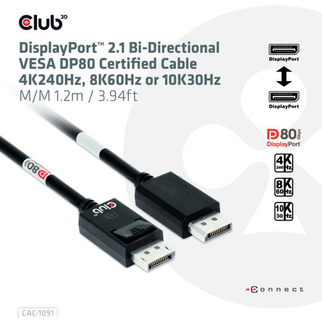 Club 3D DisplayPort 2.1 Vesa DP80 zertifiziertes Kabel Stecker-Stecker (Schwarz, 1,2 Meter, 4K 240 Hz, 8K 60 Hz, 80 Gbit/s)