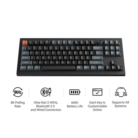 Keychron v3 Ultra 8K kabellose, benutzerdefinierte mechanische Tastatur (schwarz, US-Layout (QWERTY), Seidenpom-Banane, 80 % (TKL), RGB, Hot-Swap, 2,4 GHz | Bluetooth 5.3 | USB-C)