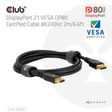 Club 3D-zertifiziertes Displayport 2.1 Vesa DP80-Kabel (schwarz, 2 Meter, 8k 240 Hz, 10k 60 Hz, 80 Gbit/s)