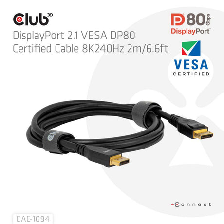 Club 3D-zertifiziertes Displayport 2.1 Vesa DP80-Kabel (schwarz, 2 Meter, 8k 240 Hz, 10k 60 Hz, 80 Gbit/s)