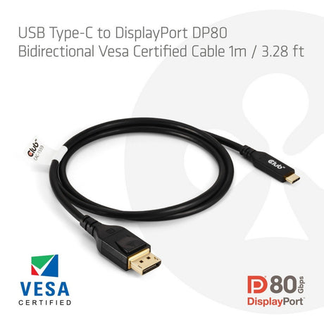 Club 3D USB-C auf DisplayPort DP80 bidirektionaler Adapter (schwarz, 1 Meter, VESA-zertifiziert)