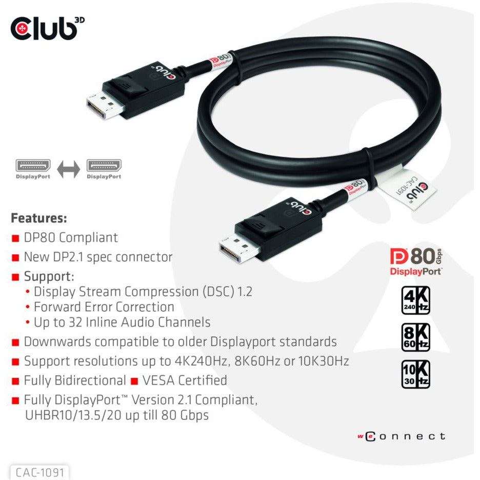 Club 3D DisplayPort 2.1 Vesa DP80 zertifiziertes Kabel Stecker-Stecker (Schwarz, 1,2 Meter, 4K 240 Hz, 8K 60 Hz, 80 Gbit/s)