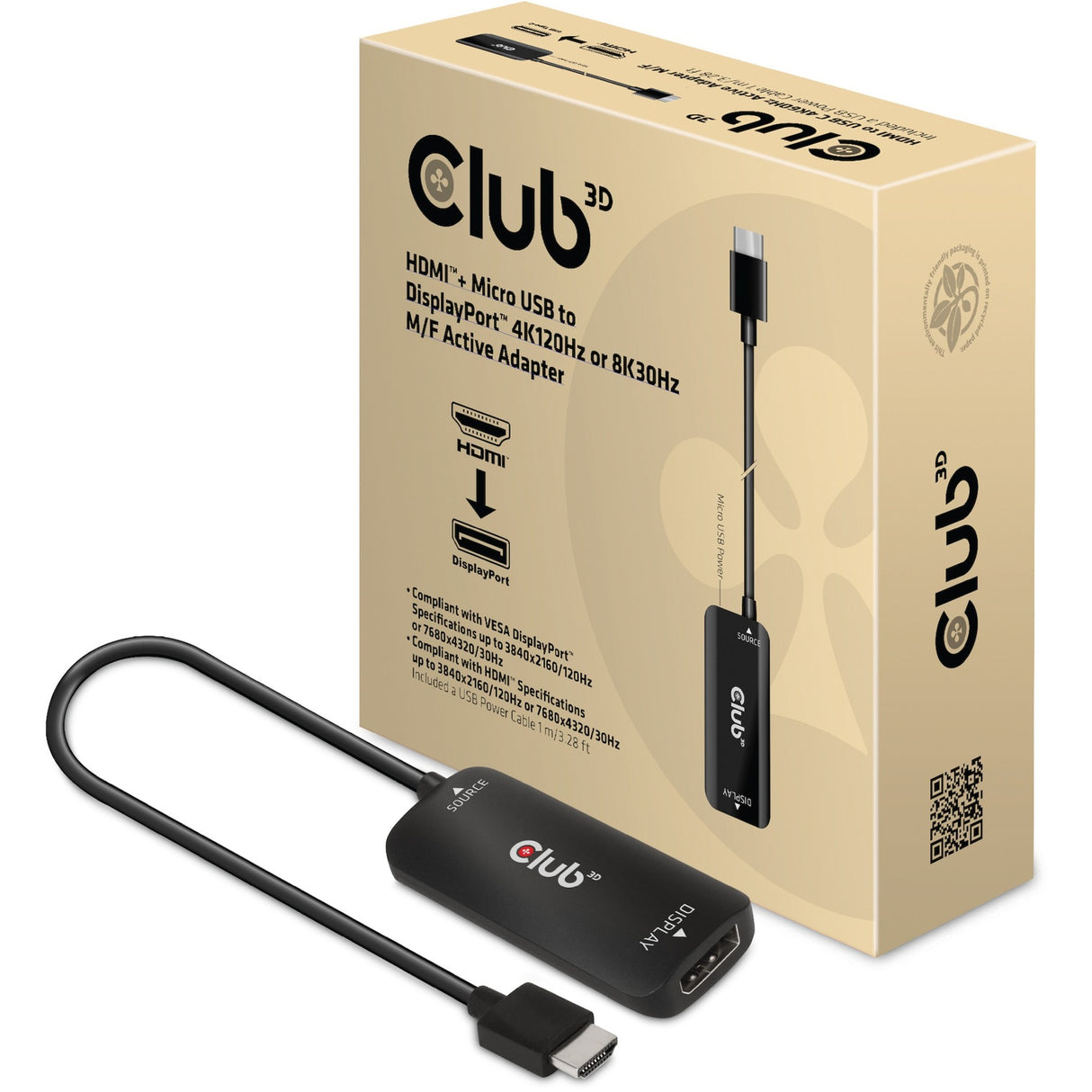 Club 3D HDMI + Micro USB auf DisplayPort Active Adapter (Schwarz, 4K120Hz 8K30Hz M-F)