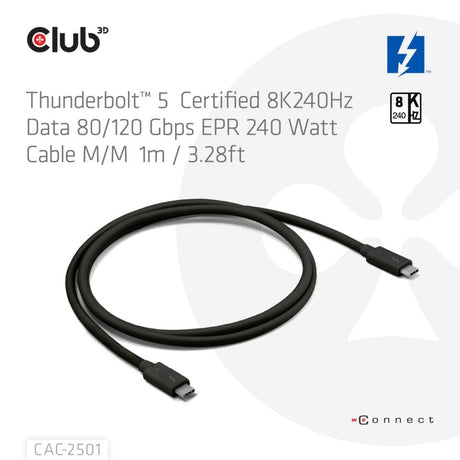 Club 3D Thunderbolt 5 zertifiziertes 8K240Hz-Kabel (schwarz, Daten 80 120 Gbit/s, EPR 240 Watt, 1 Meter)