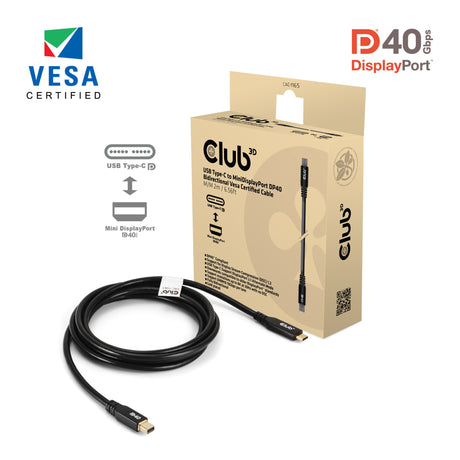 Club 3D USB-C auf Mini DisplayPort DP40 Bidirektionaler Adapter (Schwarz, 2 Meter, Vesa-zertifiziert)