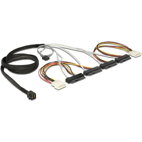 Delock mini SAS HD SFF-8643 > 4 x SAS SFF-8482 + Strom + Seitenbandadapter (schwarz, 1 Meter)