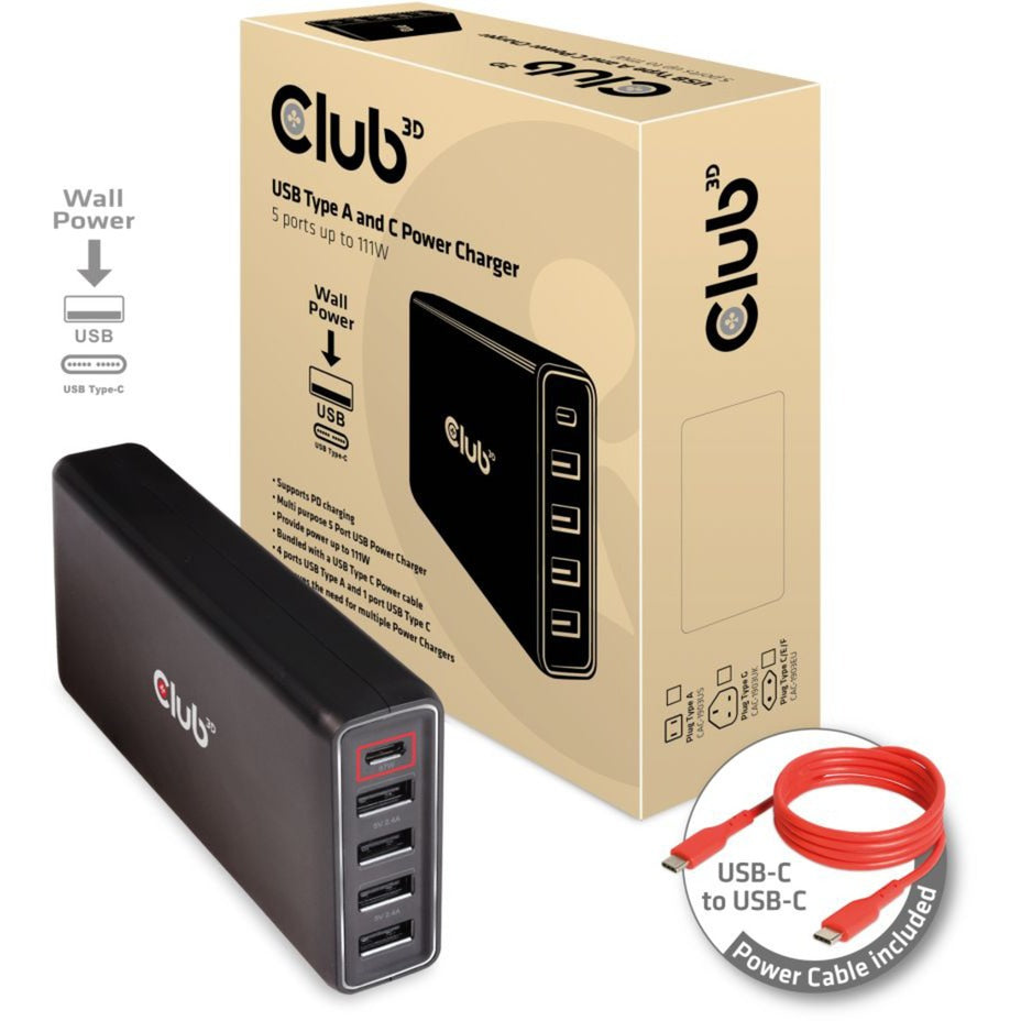 Club 3D USB Typ A und C -Ladegerät, 5 Ports bis 111W