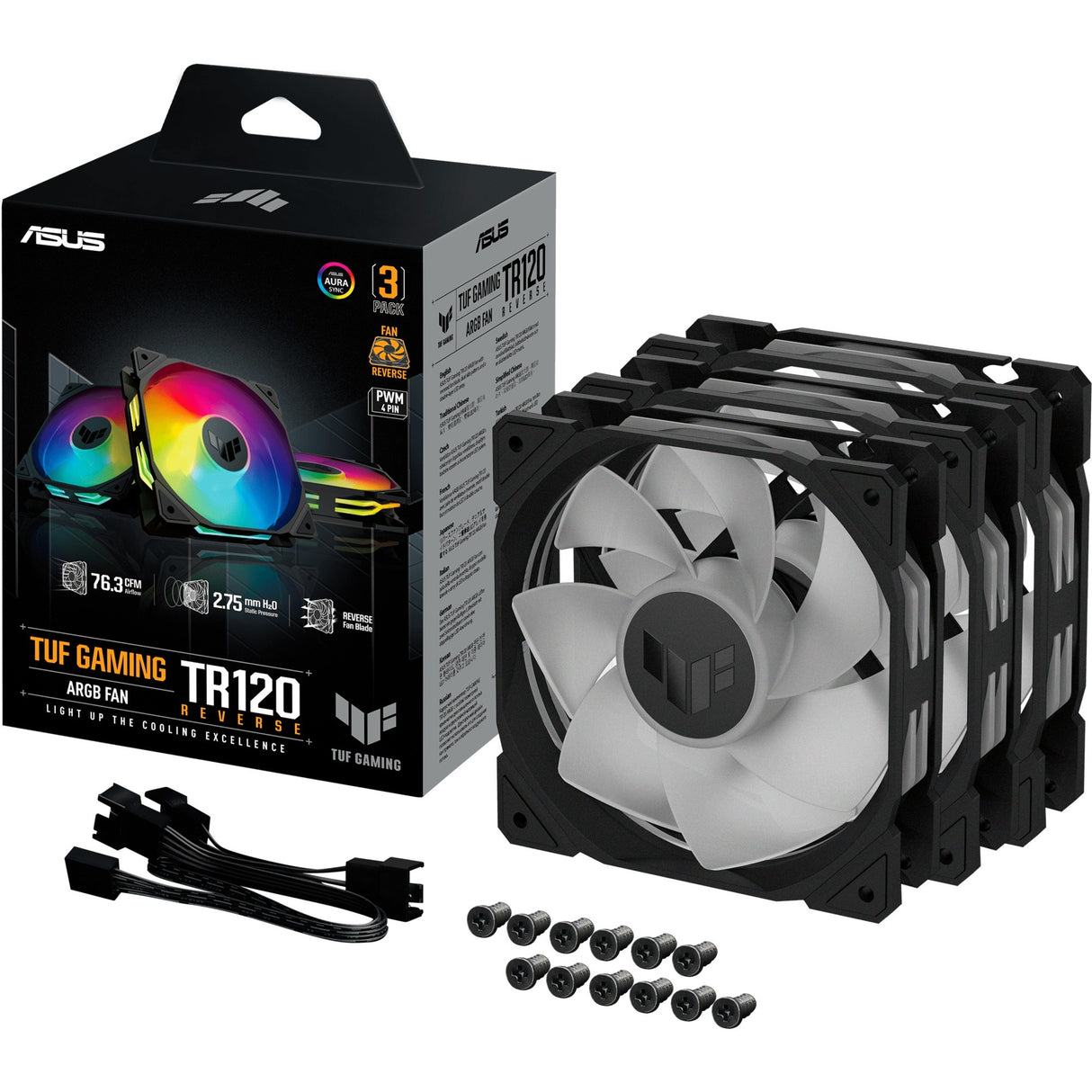 Asus TUF Gaming TR120 ArGB Reverse-Gehäuselüfter (schwarz, 3 Stück, 120 x 120 x 28 mm)