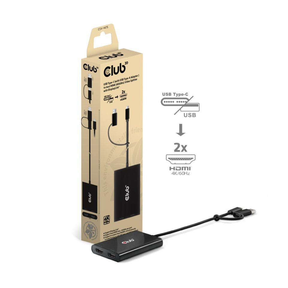 Club 3D USB-C auf 2x HDMI Videosplitter mit DisplayLink