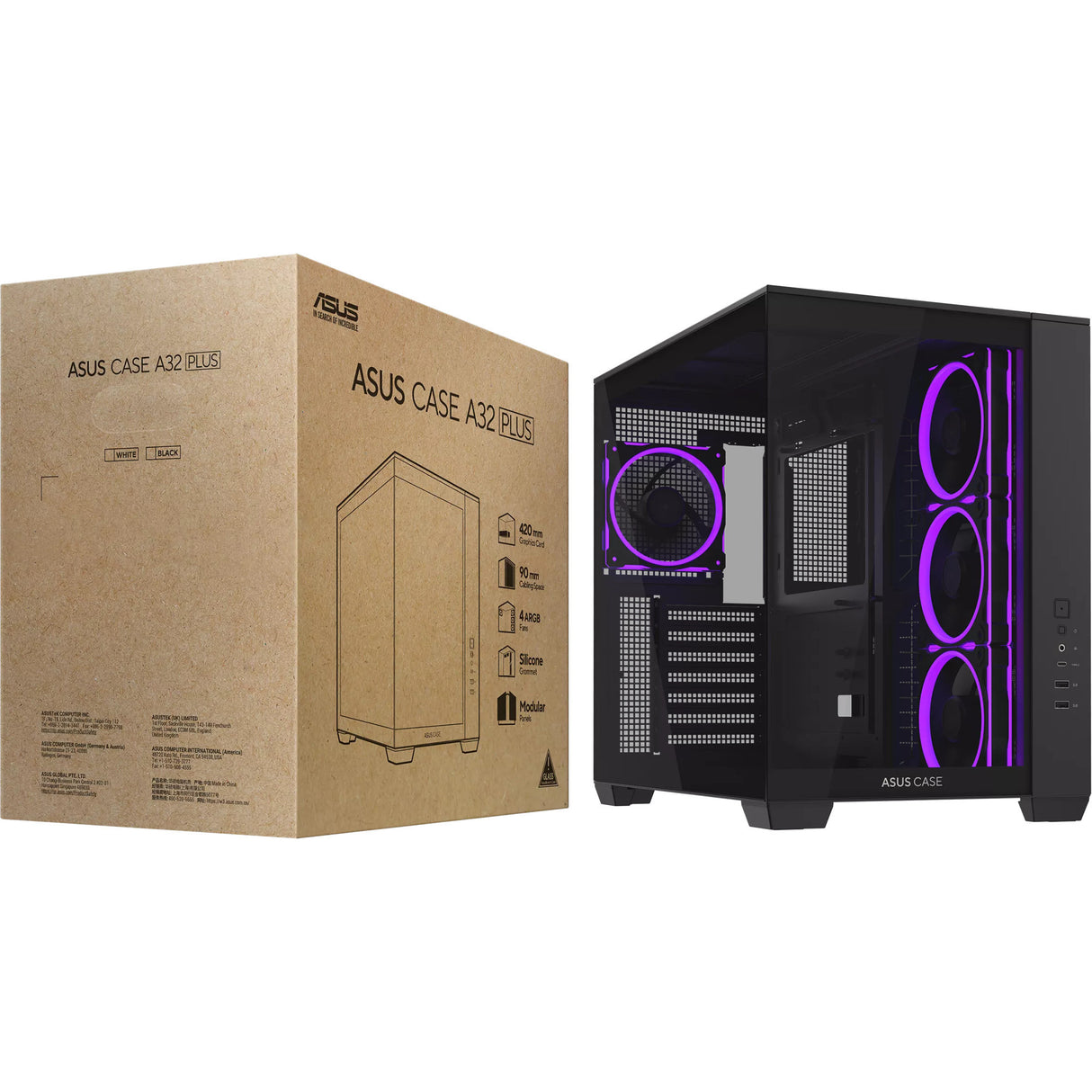 Asus a32 plus midi tower behuizing (zwart | 2x usb-a | 1x usb-c | rgb | tempered glass)