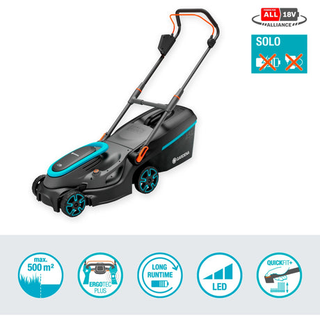 Gardena Powermax 37 36V P4A Solo Rasenmäher Akku ohne Akku, ohne Ladegerät, höhenverstellbarer Griff, 18V Schnittbreite