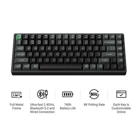 Keychron k2 ultra 8k wireless custom mechanical keyboard (zwart, us lay-out (qwerty), apex brown, 75%, rgb leds, osa double-shot pbt, usb-c | 2.4 ghz | bluetooth 5.2)
