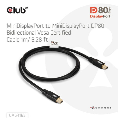 Club 3D Mini DisplayPort auf Mini DisplayPort DP80 Bidirektionales Kabel (Schwarz, 1 Meter, Vesa-zertifiziert)