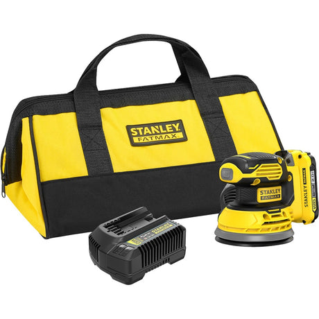 Stanley Fatmax V20 18 V Exzenterschleifer (gelb schwarz, weiche Tasche, Akku (2,0 Ah) und Ladegerät (2 A) im Lieferumfang enthalten)