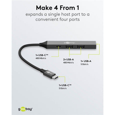 Goobay schlanker USB-Hub mit 4 Ports, USB-C auf USB-C USB-A, 5 Gbit s (hellgrau)