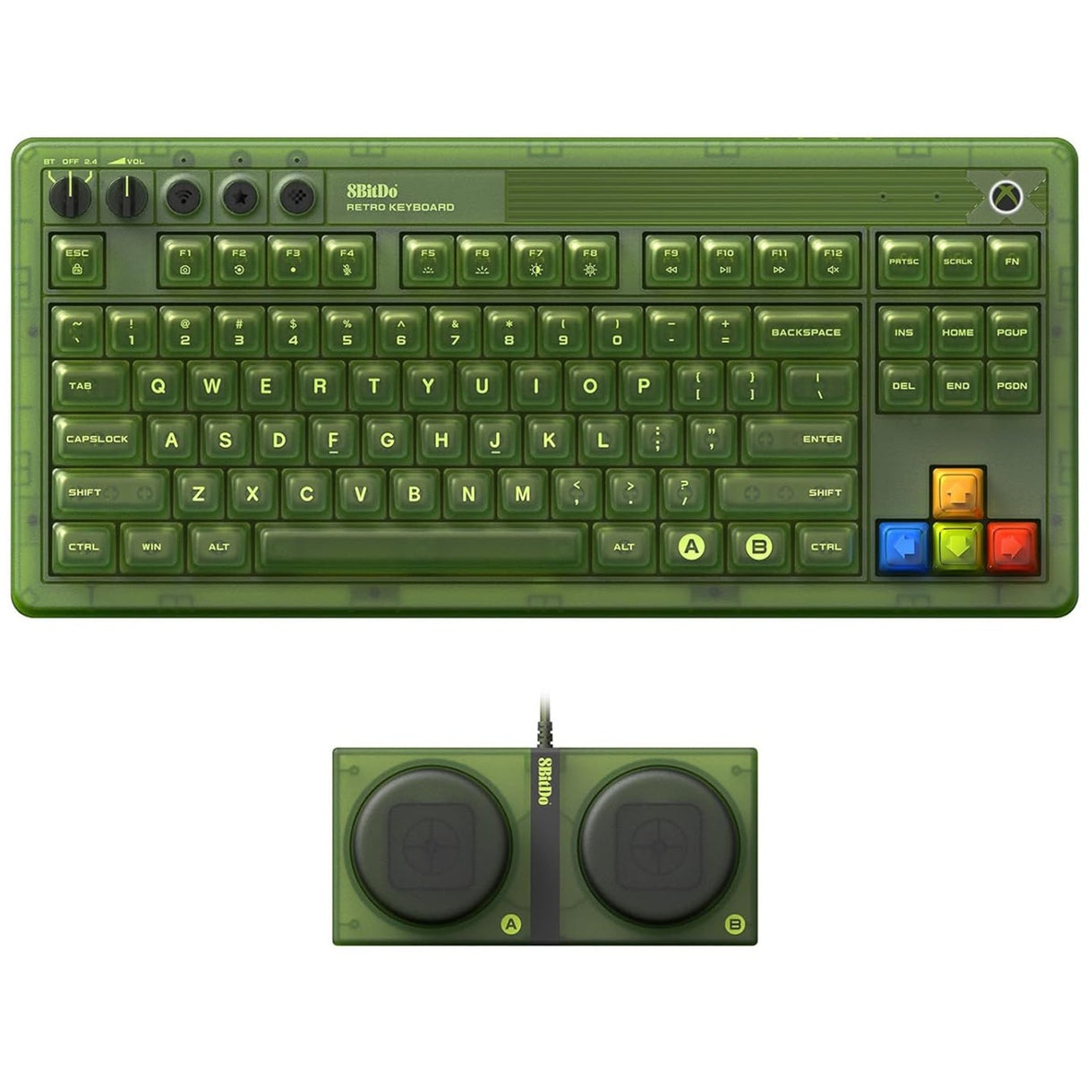 8bitdo retro 87 mechanical keyboard - xbox edition (groen, us lay-out (qwerty), kailh box jellyfish x, 80% (tkl), abs keycaps, bluetooth 5.0, wireless 2.4g, usb)