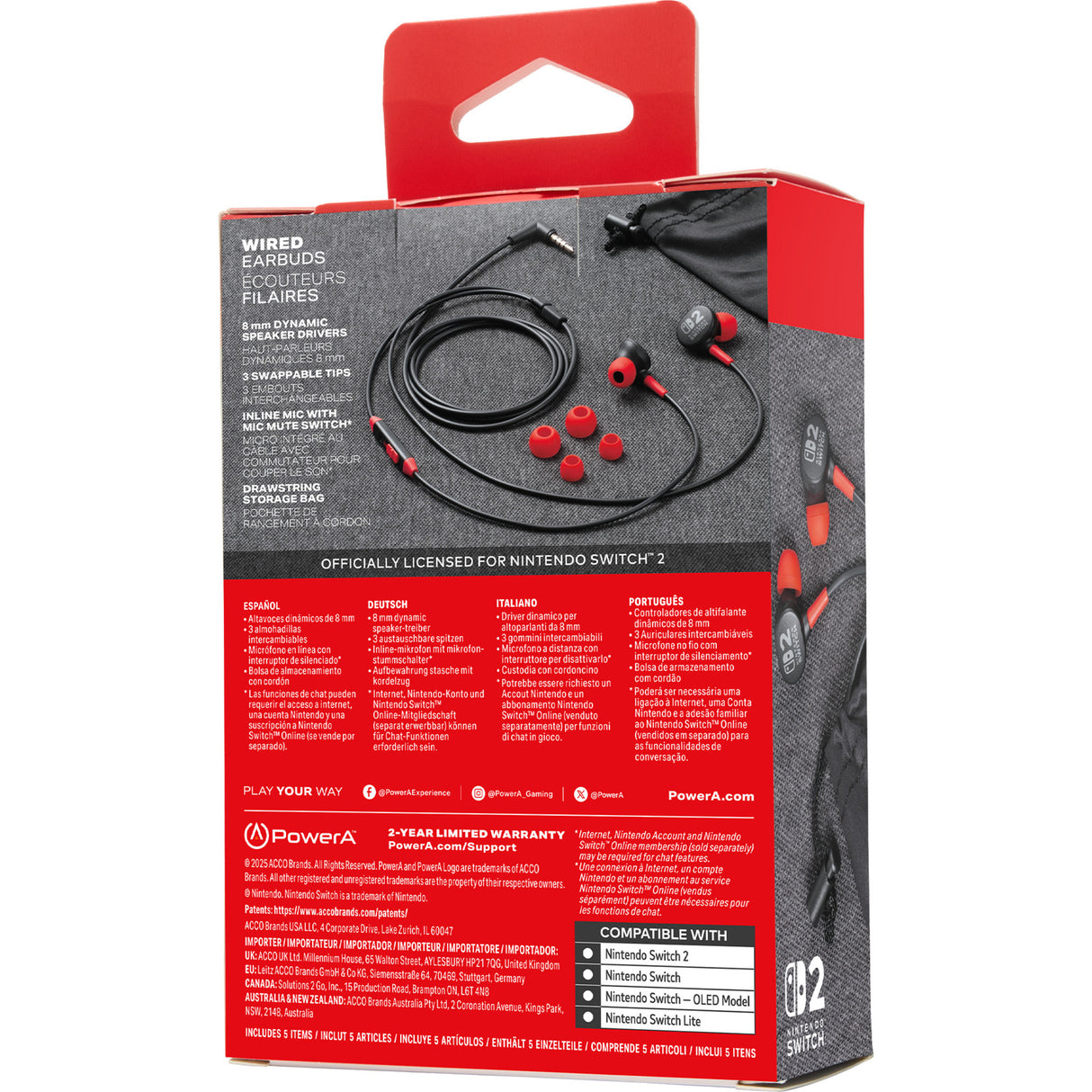 Powera kabelgebundene Ohrhörer für Nintendo Switch 2 In-Ear (schwarz rot, Nintendo Switch 2, Nintendo Switch, Nintendo Switch – OLED-Modell, Nintendo Switch Lite)