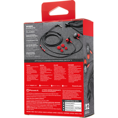 Powera kabelgebundene Ohrhörer für Nintendo Switch 2 In-Ear (schwarz rot, Nintendo Switch 2, Nintendo Switch, Nintendo Switch – OLED-Modell, Nintendo Switch Lite)