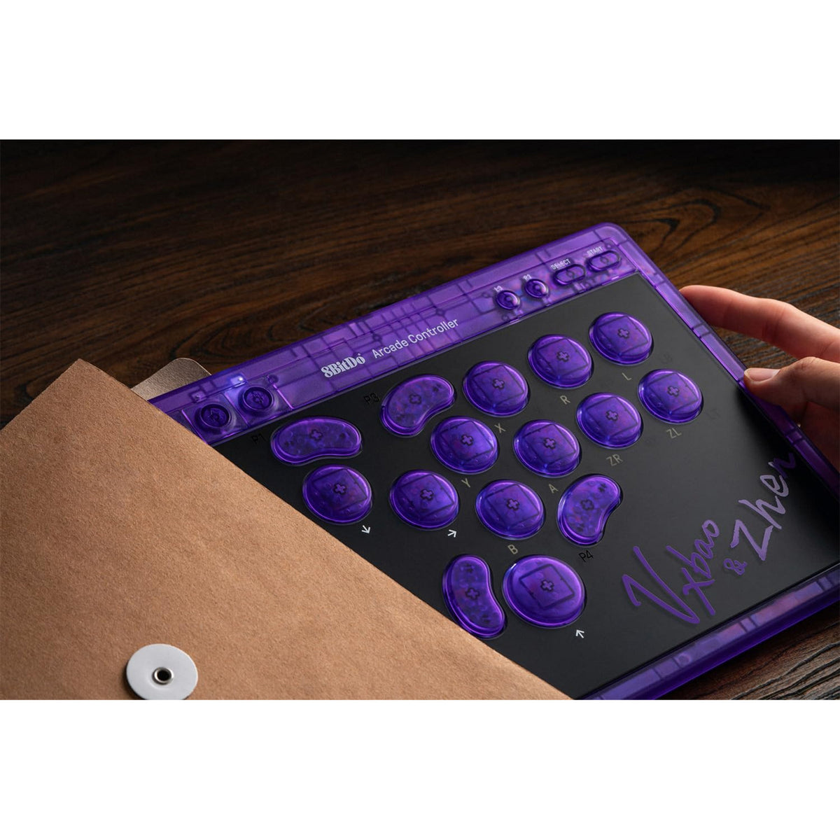 8bitdo Arcade-Controller – Transparent Purple Signature Edition (Lila Transparent, 2,4 GHz Bluetooth USB, Nintendo Switch 1 + 2, PC)