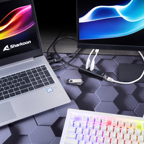 Sharkoon 3-Port USB 3.2 Gen 1 Aluminium + Gigabit LAN Dockingstation (schwarz)