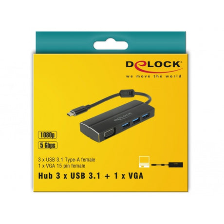 Delock USB-C 3.1 > 3x USB-A 3.0 + 1x VGA USB-Hub (schwarz, 0,15 Meter)