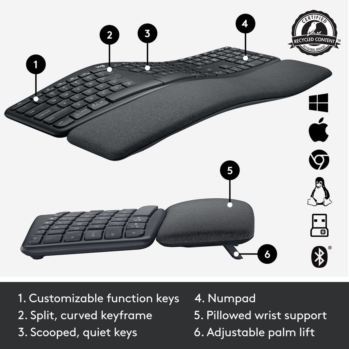 Logitech K860 Ergo-Tastatur (schwarz, 100 %, Bluetooth, US-internationale ISO)
