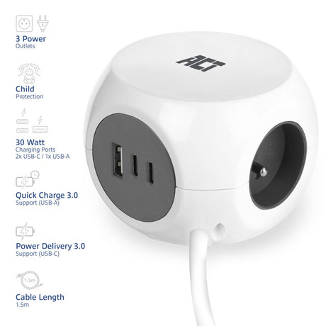 Act-Konnektivität: Act-Steckdosenleiste mit 3 Steckdosen, 30 W Stromversorgung, USB-C-A-Anschlüssen, Kabellänge 1,5 m, AC2425