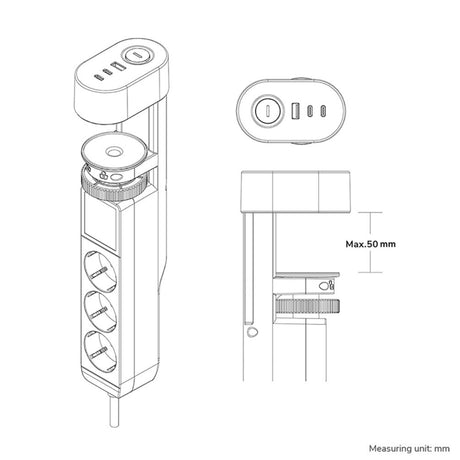 Neomounts DS22-840BL6 Tischsteckdose mit Klemme und USB-C- und USB-A-Anschlüssen – Schnelllade-Steckdosenleiste (schwarz)