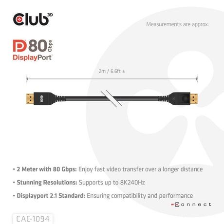 Club 3D-zertifiziertes Displayport 2.1 Vesa DP80-Kabel (schwarz, 2 Meter, 8k 240 Hz, 10k 60 Hz, 80 Gbit/s)