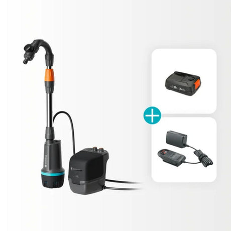 Gardena Akku Regenfasspumpe 2400 Comfortautomatic 18V P4A Fertigset inkl. Akku und Ladegerät (dunkelgrau schwarz, 14605-20 | Pumpe | Akku | Ladegerät | Schlauch und Anschluss)