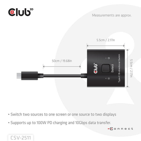 Club 3D USB-C bidirektionaler Video + Daten + PD-Schalter USB-Schalter (schwarz)