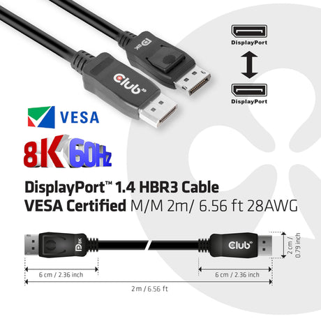 Club 3D Displayport 1.4 Vesa-zertifiziertes Kabel männlich-männlich (schwarz, 2 Meter, 8k 60 Hz, 32,4 Gbit/s)