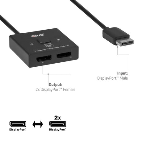 Club 3d 2-in-1 bidirectionele displayport switch (zwart, 8k)