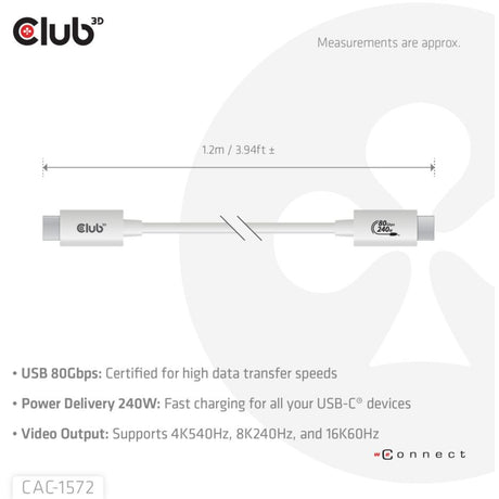 Club 3D USB-C 80 Gbit/s zertifiziertes 240 W 8K 240 Hz Kabel (weiß, 1,2 m)