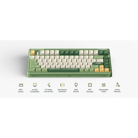 Iqunix OG80 Camping kabellose mechanische Tastatur (grün, US-Layout (QWERTY), Cherry MX Rot, 80 % (TKL), RGB-LEDs, Hot-Swap-fähig, PBT, 2,4 GHz | Bluetooth 5.1 | USB-C)