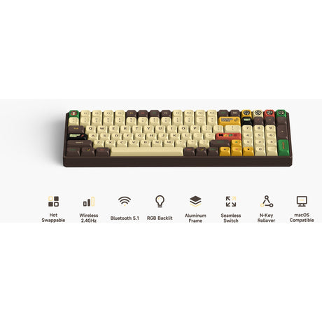 Iqunix F97 Happy Ape kabellose mechanische Tastatur (braun, US-Layout (QWERTY), Cherry MX Rot, 96 %, RGB-LEDs, Hot-Swap-fähig, PBT, 2,4 GHz | Bluetooth 5.1 | USB-C)