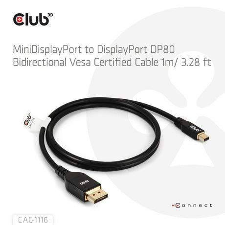 Club 3D Mini DisplayPort auf DisplayPort DP80 Bidirektionaler Adapter (Schwarz, 1 Meter, Vesa-zertifiziert)