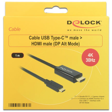 Delock USB-C (Stecker) > HDMI (Stecker) (DP Alt-Modus) Kabel (schwarz, 1 Meter, 4K 30 Hz)