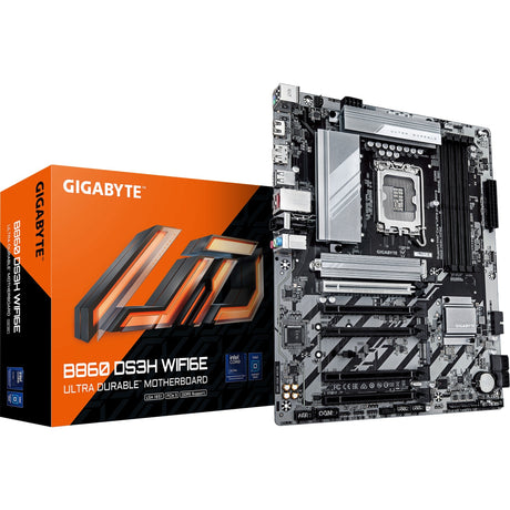 Gigabyte B860 DS3H WiFi 6E Sockel 1851 Mainboard (Silber Schwarz, RAID, 2,5GB-LAN, WiFi 6E, BT, Sound, ATX)