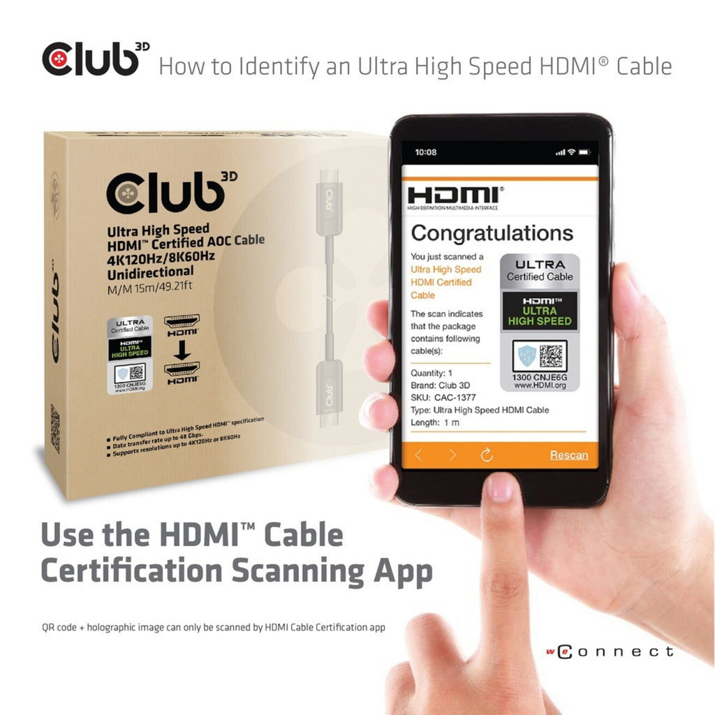 Club 3d ultra high speed aoc hdmi 2.1 gecertificeerde unidirectioneel kabel male-male (zwart, 15 meter, 4k 120hz, 8k 60hz, 48 gbps)